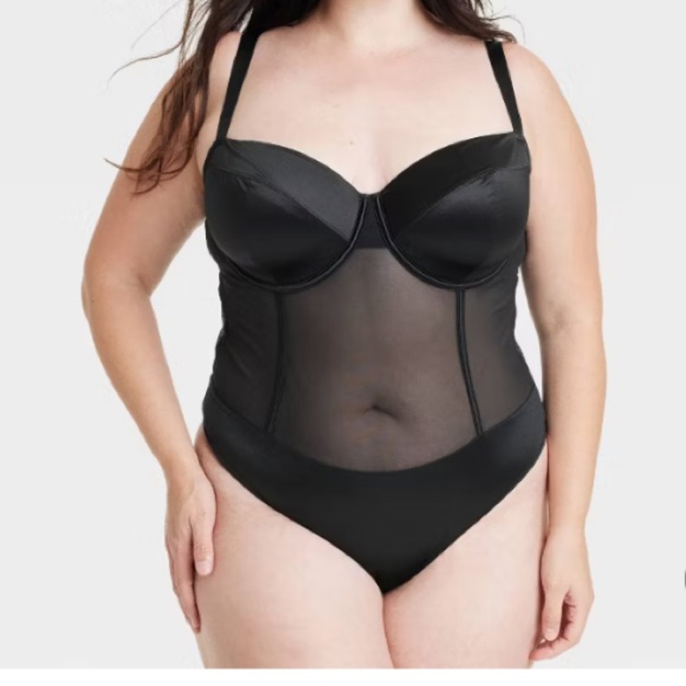 Auden Women's Black Satin and Mesh Bodysuit